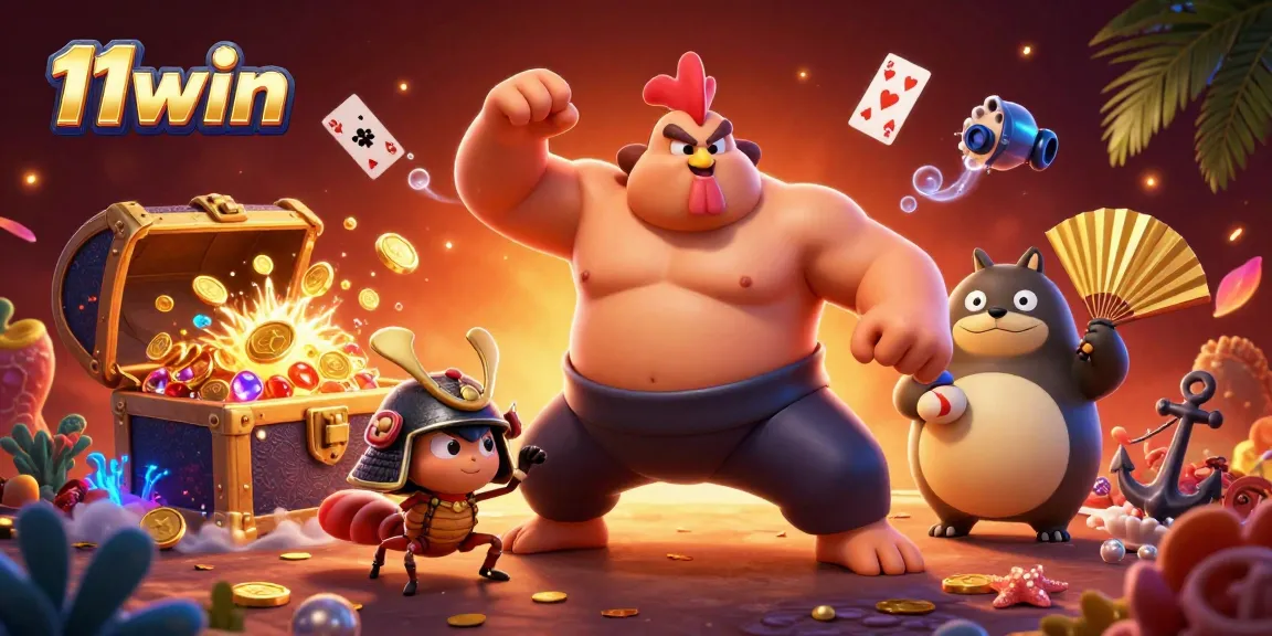 Engage with 11win in an exciting underwater casino scene featuring a sumo wrestler, a samurai cricket, and treasure!