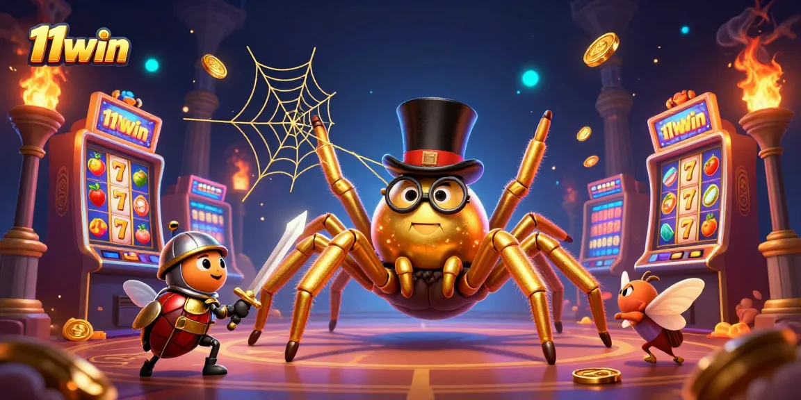 Engage with 11win’s vibrant casino experience featuring a golden tarantula and beetle knight.
