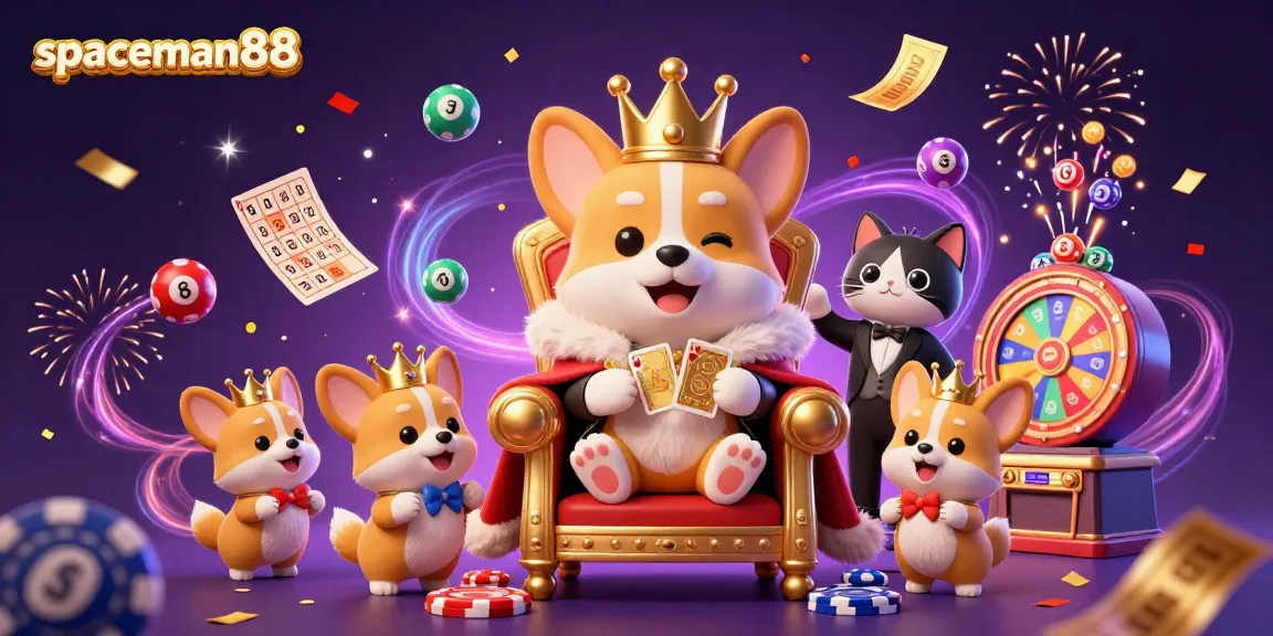 Win big with spaceman88's vibrant slot illustration showcasing royal corgis and dynamic game elements!