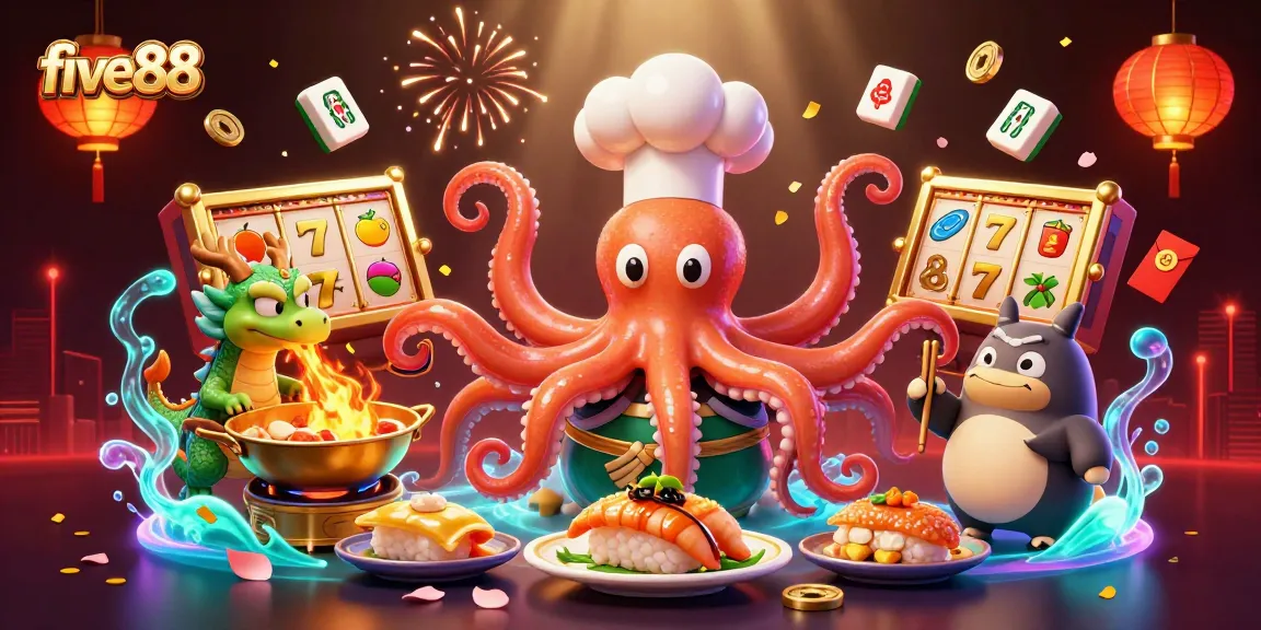 five88 showcases vibrant casino action with sushi chef octopus, dragon, and tanuki in dynamic celebration.