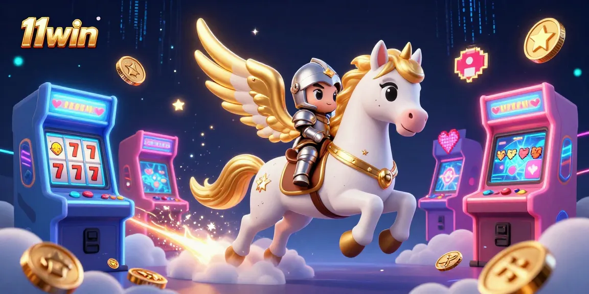 Experience thrilling gaming with 11win as cute knight rides a celestial horse in a vibrant casino atmosphere.